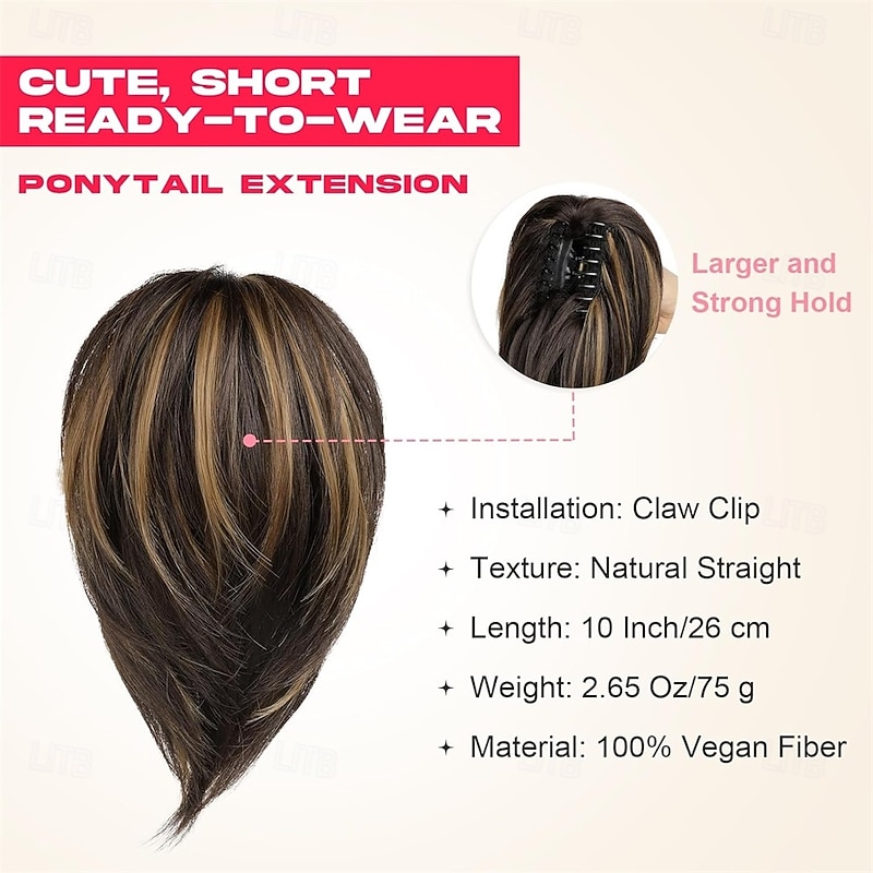 Ponytail Extension 10 Short Claw Clip in Ponytail Hair Extensions Messy Bun Hair Piece Natural Soft Synthetic Straight Pony Tail Hair Pieces for Women - Dark Brown with Highlights4