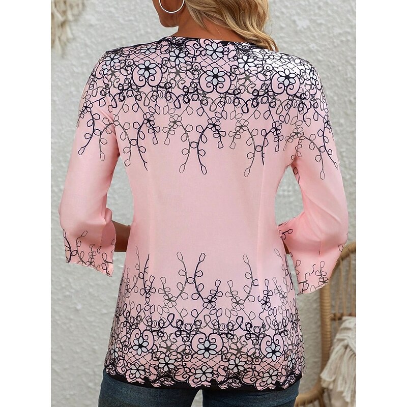 Women's Blouse V Neck Floral Graphic Elegant 3/4 Length Sleeve Crew Neck Regular Tops Daily Going out Ruffle Buttons Pink Spring Fall2