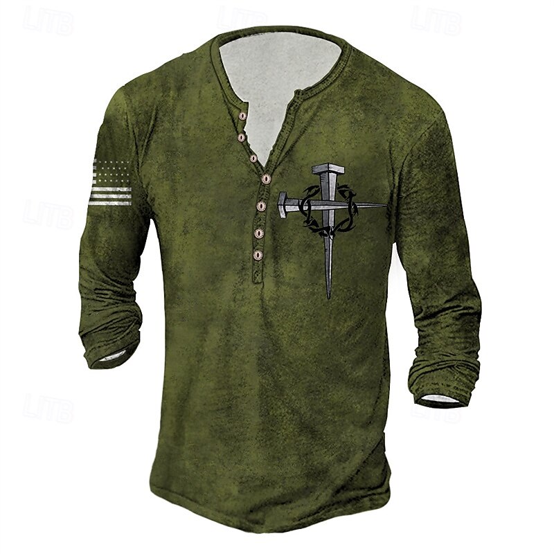 Men's T Shirt Henley Shirt Tee Tee Top Long Sleeve Henley Summer Spring National Flag Fashion Designer Basic Print Vacation Street Going out Navy Blue Purple Army Green Top Tee for Men