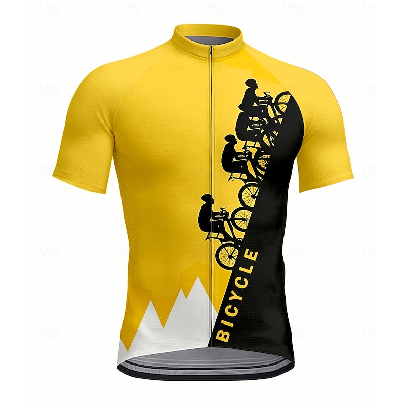 Men's Cycling Jersey Graphic Geometric Letter & Number Short Sleeve Bike Jersey Top with 3 Rear Pockets UV Resistant Quick Dry Front Zipper Reflective Strips Sports Yellow Clothing Apparel