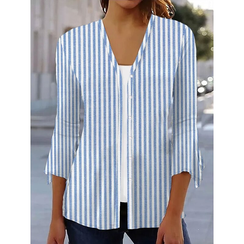 Women's T Shirt Graphic Striped Elegant Vintage Stylish 3/4 Length Sleeve V Neck Regular Tops Daily Print Navy Blue Beige Light Blue Summer