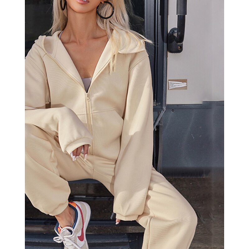 Women's Tracksuit Sweatpants Hooded Jacket Zipper Pocket Solid Colored Clothing Suit Fall Dark Grey Apricot Workout Athleisure Running Thermal Warm Windproof Long Sleeve Sport Activewear Stretchy4