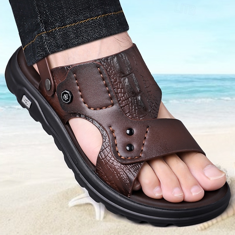 Men's Brown Faux Leather Sandals with Adjustable Strap Cushioned Sole and Cut-Out Design Comfortable for Outdoor Walking Casual Summer Wear2