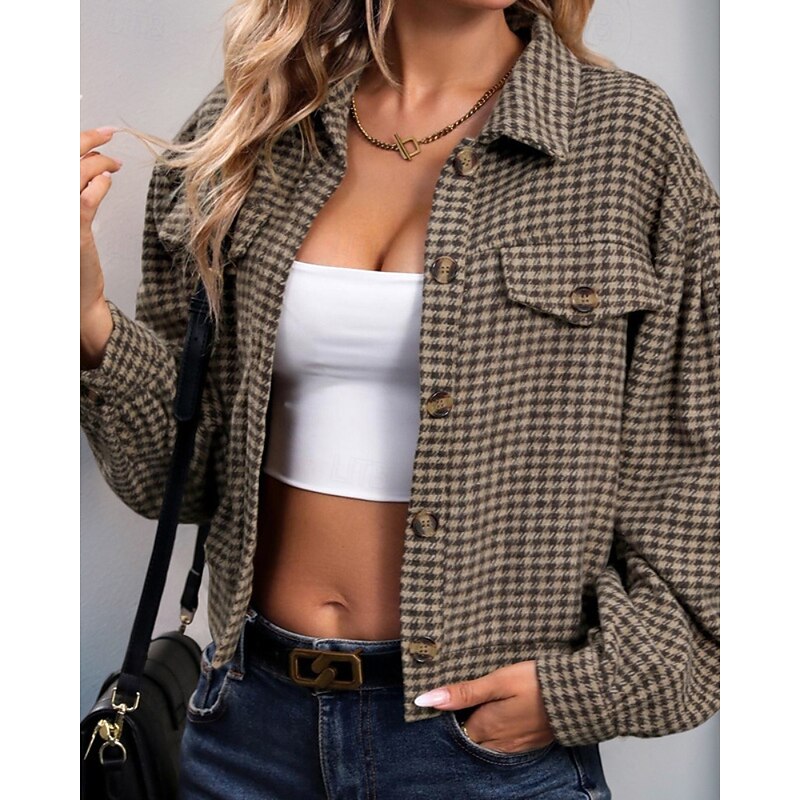 Women's Casual Jacket Comfortable Pocket Buttons Casual Plaid Going out Weekend Single Breasted Regular Turndown Regular Fit Long Sleeve Outerwear Khaki Fall Winter3