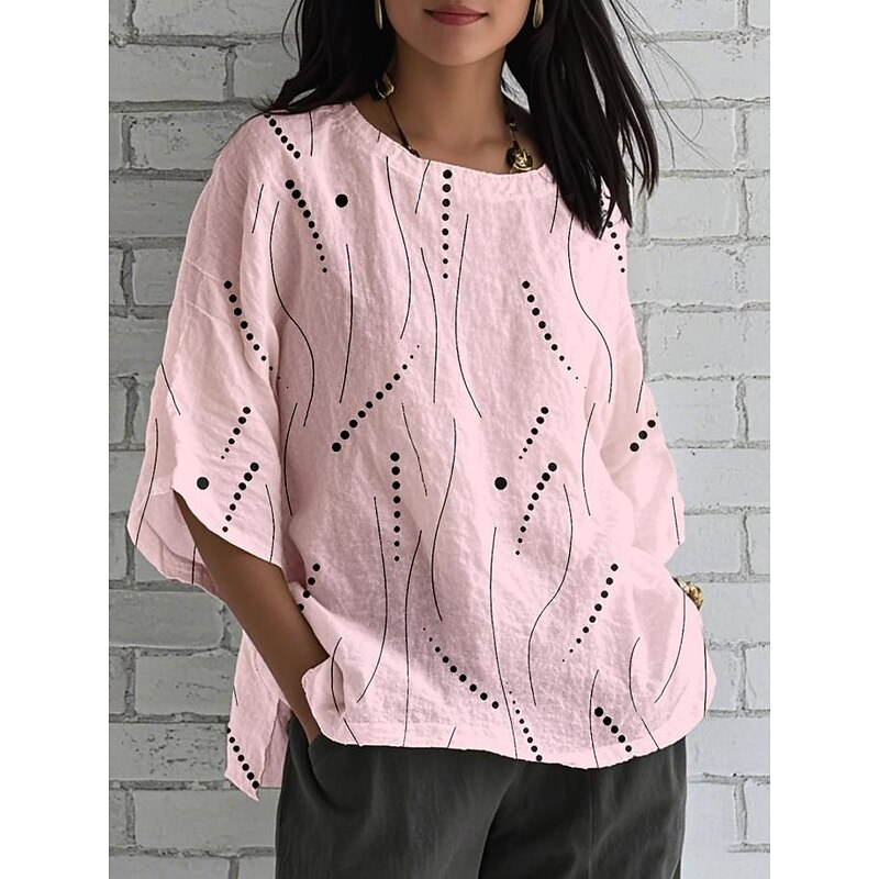 Women's Blouse Long Sleeve Graphic Striped Bohemia Daily Stylish 3/4 Length Sleeve Crew Neck Regular Tops Daily Holiday Print White Pink Sky Blue Summer Spring2