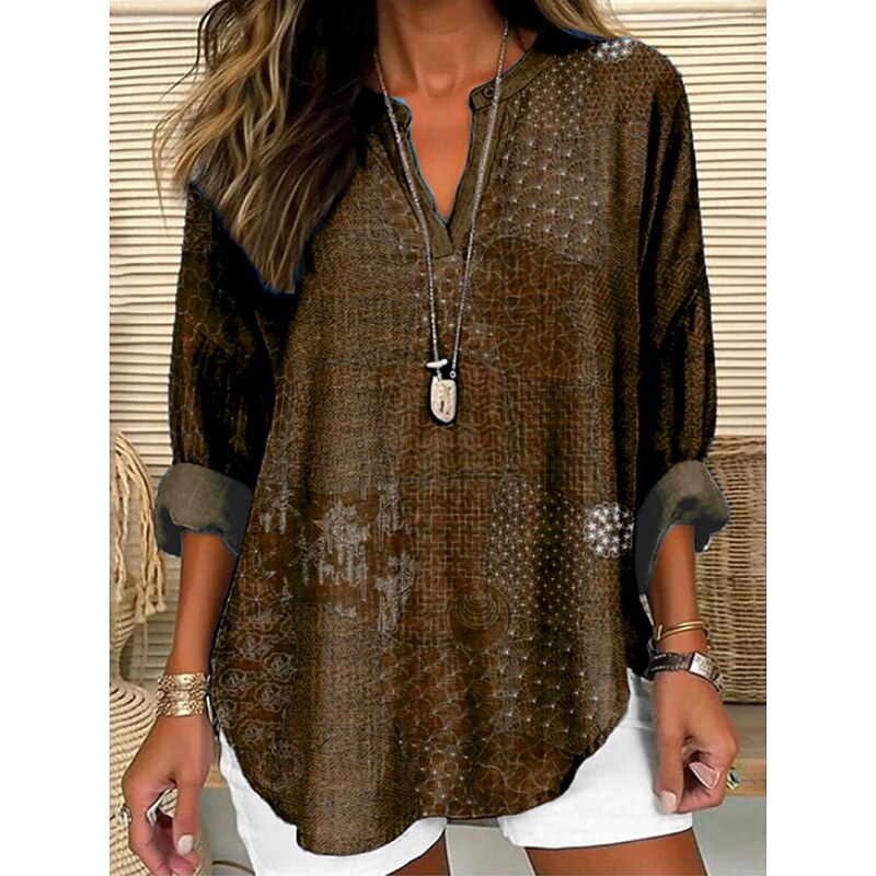 Women's Blouse Tunic V Neck Long Sleeve Boho Casual Tops Graphic Geometric Paisley Vintage Daily Stylish Notched Neck Regular Tops Daily Resort Wear Print Maroon Navy Blue Brown Summer Fall3