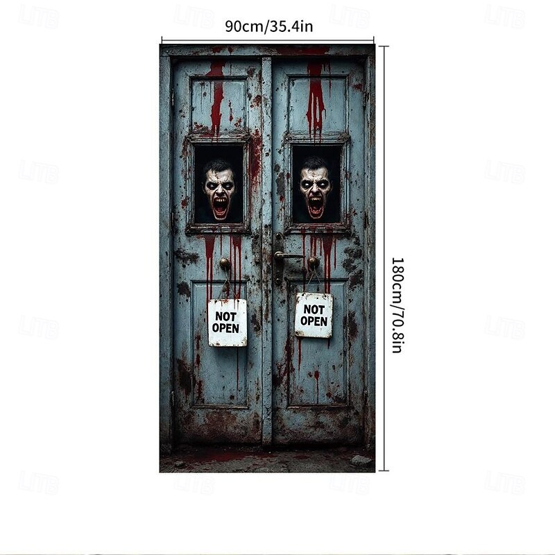 Halloween Door Cover Front Door Curtain Decoration, Halloween Broomstick Bats Flying Jagged Bottom Display4