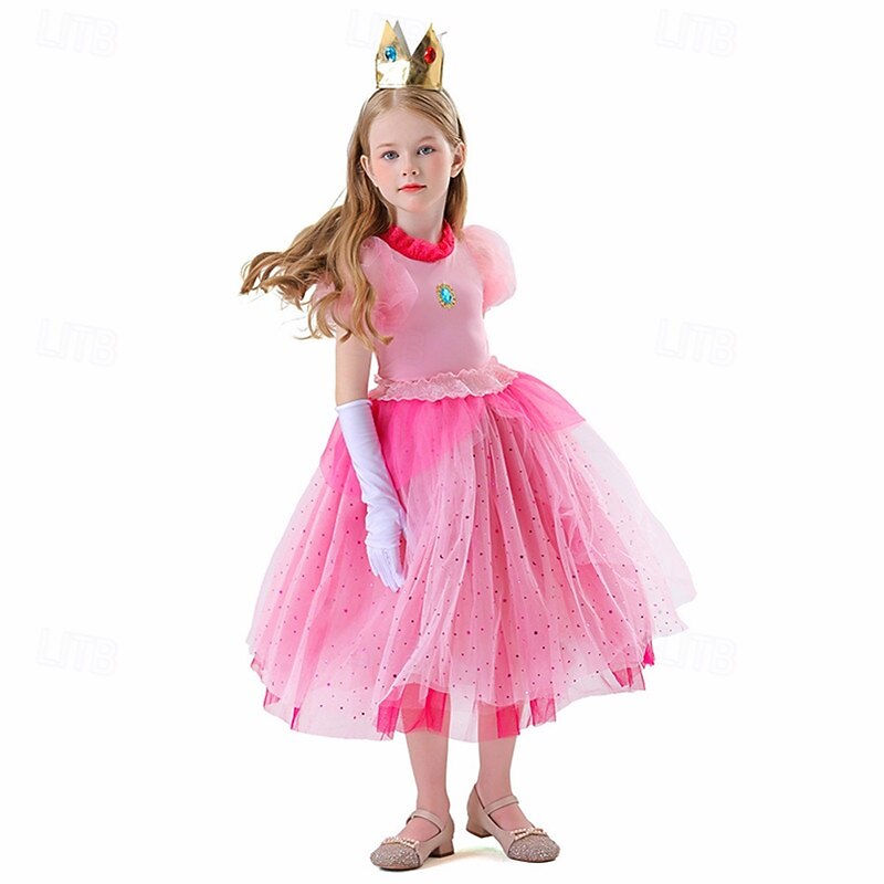Princess Peach Halloween Cosplay Costume Masquerade Halloween Kid's Girls' Halloween Children's Day Carnival Halloween Easy Halloween Costumes Dress Up4