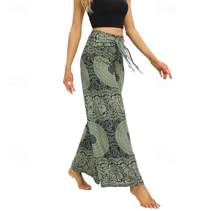 Women's Wide Leg Pants Trousers Casual Boho Full Length High Waist Print Pocket Elastic Drawstring Design Breathability Soft Micro-elastic Vacation Street Daily Wear Red Green Summer Spring Regular2