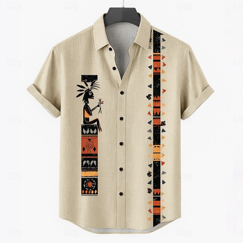 Men's Linen Shirt Summer Shirt Beach Wear Button Up Shirt Tribal Vacation Casual Blue Green Khaki Short Sleeve Turndown Summer Spring Clothing Apparel4