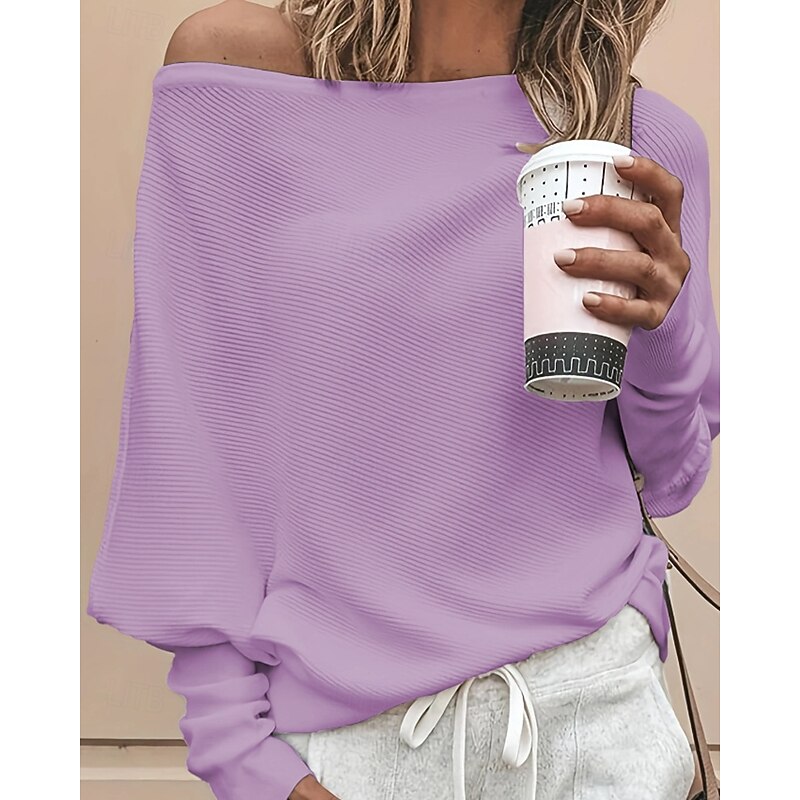 Women's Sweater Pullover Streetwear Casual Solid Color Ribbed Off Shoulder Knitted Long Sleeve Regular Tops Knit Going out Weekend White Purple Fall