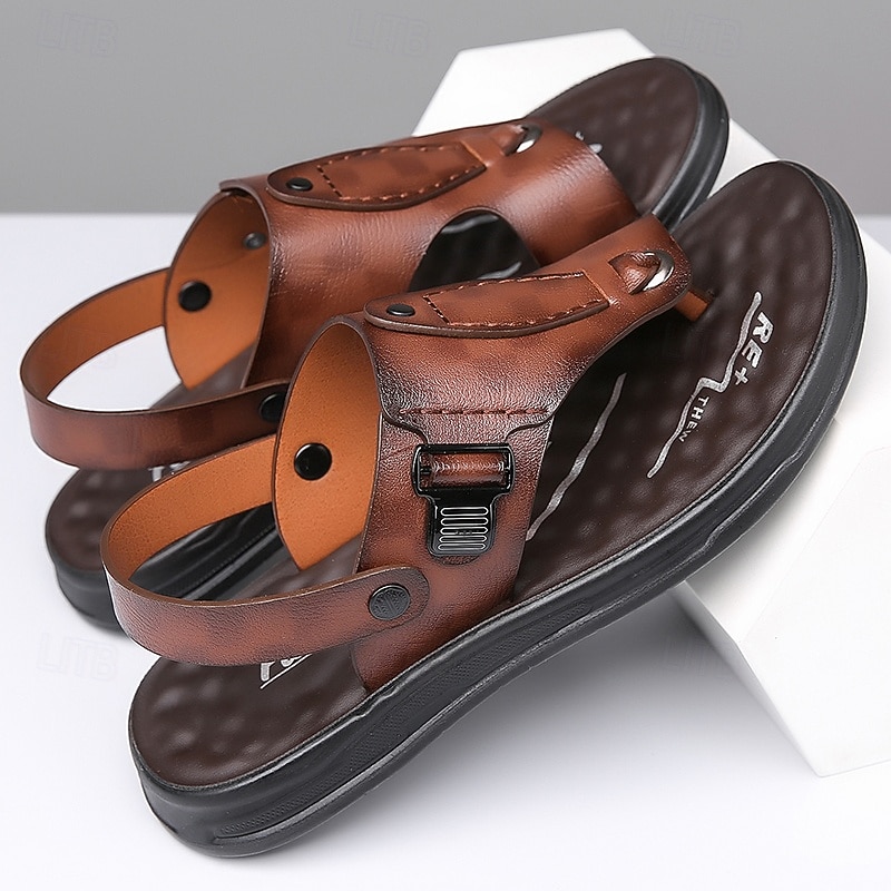 Men's Brown Faux Leather Sandals Retro Buckle Strap Design with Arch Support Perfect for Daily Walking Outdoor Wear and Vacation Travel2