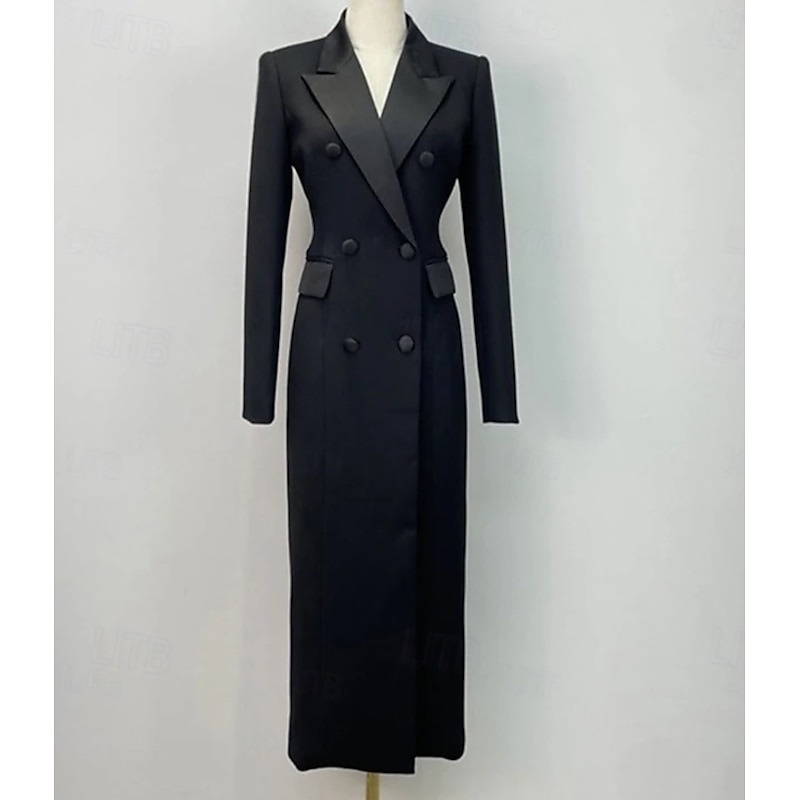 Tuxedo Dress Sheath Formal Wedding Guest Formal Evening Satin Elegant Long Sleeve Ankle Length Shirt Collar Double Breasted