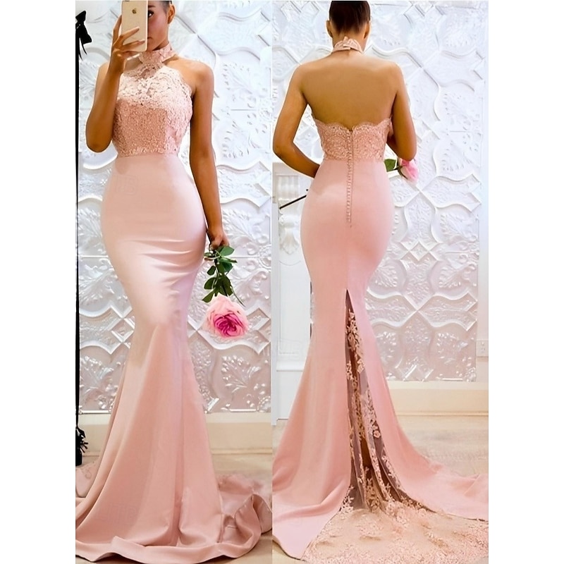 Mermaid / Trumpet Evening Gown Elegant Dress Formal Evening Party Court Train Sleeveless Halter Neck Satin with Buttons Slit3