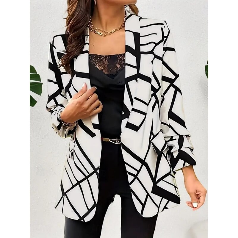 Women's Blazer Comfortable Breathable Pocket Print Casual Geometric Office Street Casual Daily Wear Open Front Regular Turndown Regular Fit Long Sleeve Outerwear Black White Pink Summer Spring4