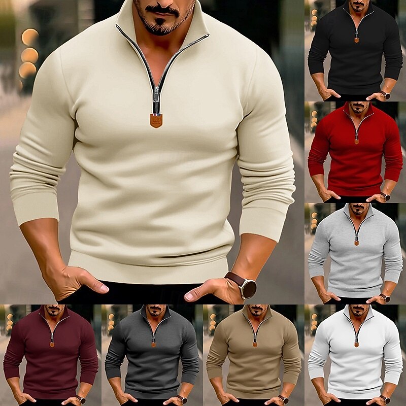Men's Zip Sweatshirt Fleece Hoodie Apricot Black White Wine Red Standing Collar Plain Quarter Zip Sports & Outdoor Casual Daily Streetwear Cool Sportswear Fall & Winter Clothing Apparel Hoodies