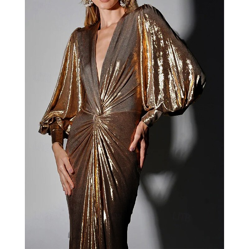 Gold Black Tie Mermaid / Trumpet Evening Gown Elegant Dress Formal Wedding Floor Length Long Bubble Sleeve Plunge Neck Stretch Lurex Fabric with Ruched4