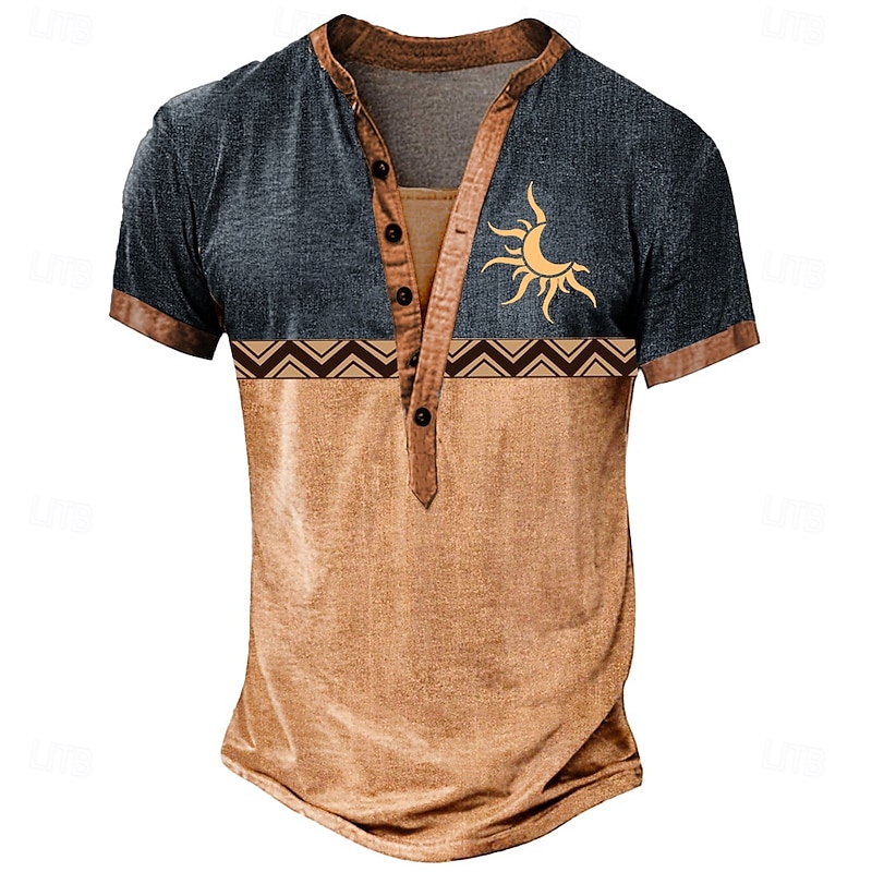 Men's Tribal T Shirt Henley Shirt Tee Short Sleeve Designer Basic Classic Outdoor Casual Daily Summer Gray Navy Blue Brown Henley Henley T-Shirt