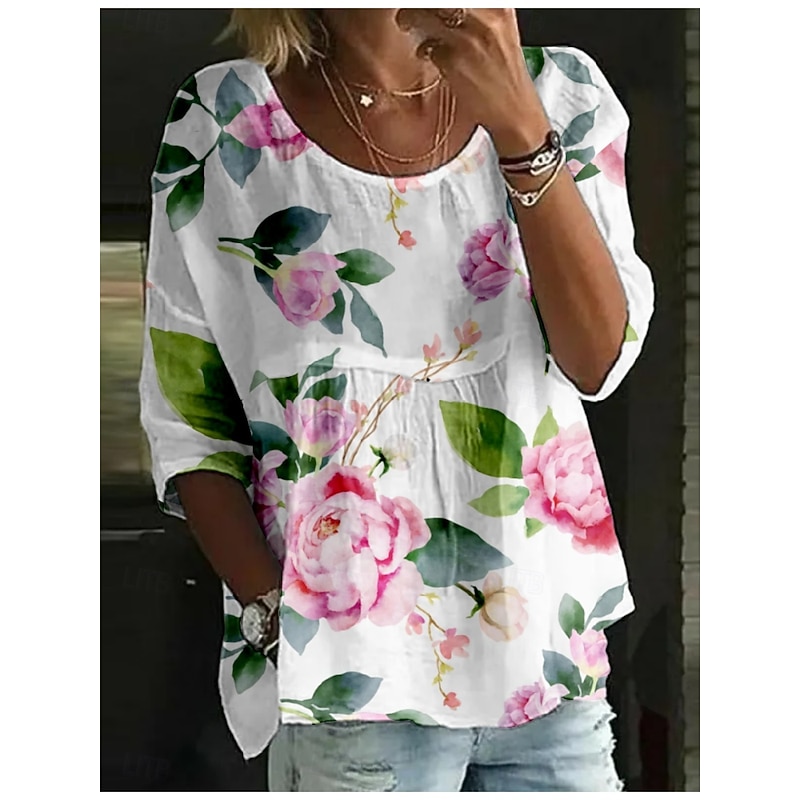 Women's Blouse Floral Stylish 3/4 Length Sleeve Crew Neck Regular Tops Daily Holiday Print White Navy Blue Blue Sky Blue Khaki Summer2