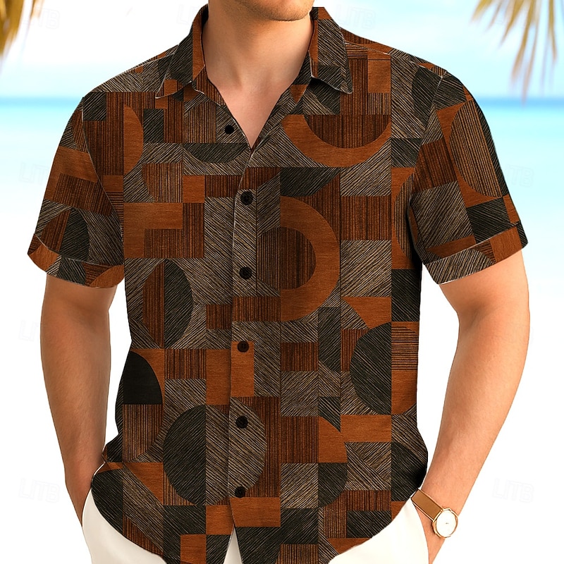 Men's Geometric Color Block Circle Shirt Summer Shirt Button Up Shirt Short Sleeve Fashion Casual Outdoor Vacation Dailywear Summer Spring Turndown 3D Print Collared Shirts Blue Brown2