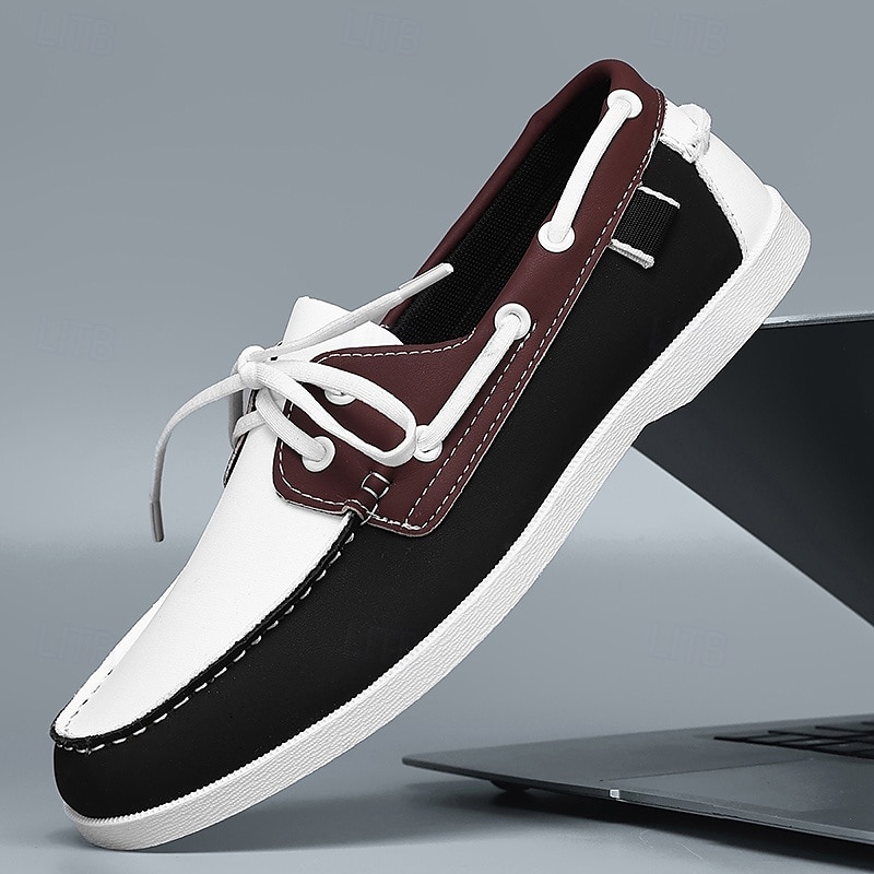 Men's Black and White Two-Tone Boat Shoes with Classic Lace-Up Design Comfortable and Stylish Ideal for Beach Trips Casual Wear and Summer Events