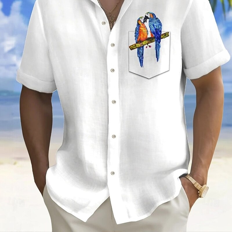 Men's Bird Parrot Shirt Summer Shirt Button Up Shirt Short Sleeve Fashion Casual Outdoor Vacation Dailywear Summer Spring Turndown 3D Print Collared Shirts Front One Pocket White2