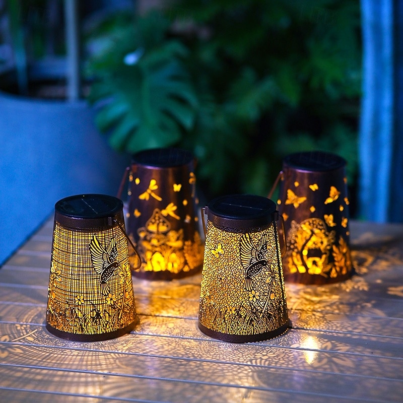 1 Pc outdoor waterproof solar butterfly hummingbird dragonfly hollow iron lantern courtyard garden lawn park tree hanging lamp projection lamp landscape viewing lights