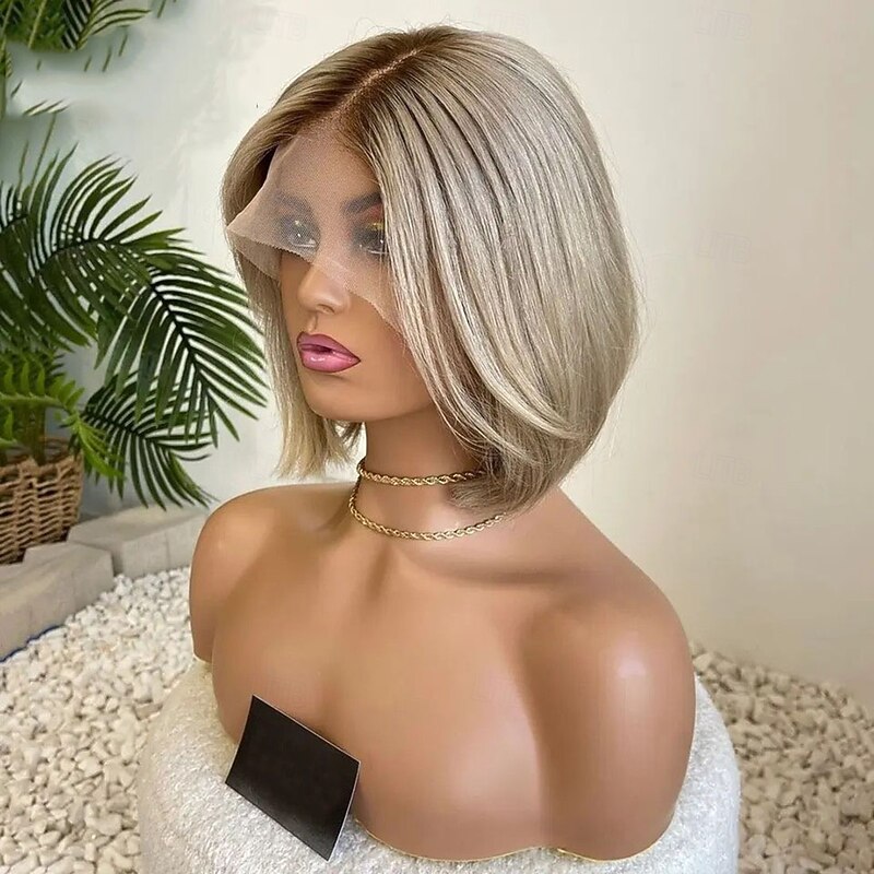 Brazilian Hair Remy Human Hair Ombre Hair 5x5 Closure Glueless Wigs Straight Ash Blonde 13x4 Lace Front Wig Short Bob Layered Haircut Wig with Baby Hair Pre-Plucked For Women3