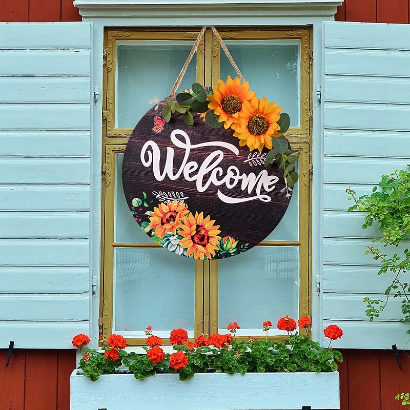 Sunflower Welcome Wood Door Hanger, Seasonal Front Door Sign for Spring Summer Fall, Rustic Hanging Porch Decor for Home3