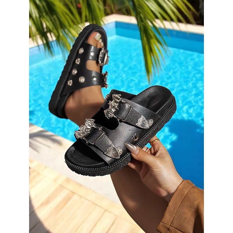 Women's Black Slip-On Sandals with Metallic Buckle and Studded Details – Casual, Trendy Beach Footwear with Bat Pattern for Halloween, Summer Outings, and Poolside Relaxation2