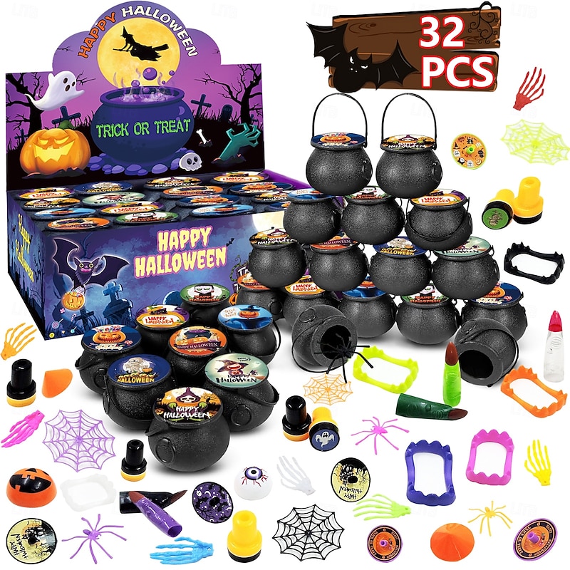 Halloween Mochi Squishy Toys with Gift Box Mini Kawaii Mochi Squeeze Toy Stress Reliever Anxiety Packs for Kids Party Favors Halloween Miniatures Halloween Treat Bags Gifts