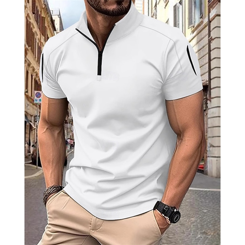 Men's Quarter Zip Polo Golf Shirt Work Casual Quarter Zip Short Sleeve Basic Modern Plain Zipper Summer Regular Fit Black White Pink Navy Blue Sky Blue Khaki Quarter Zip Polo2