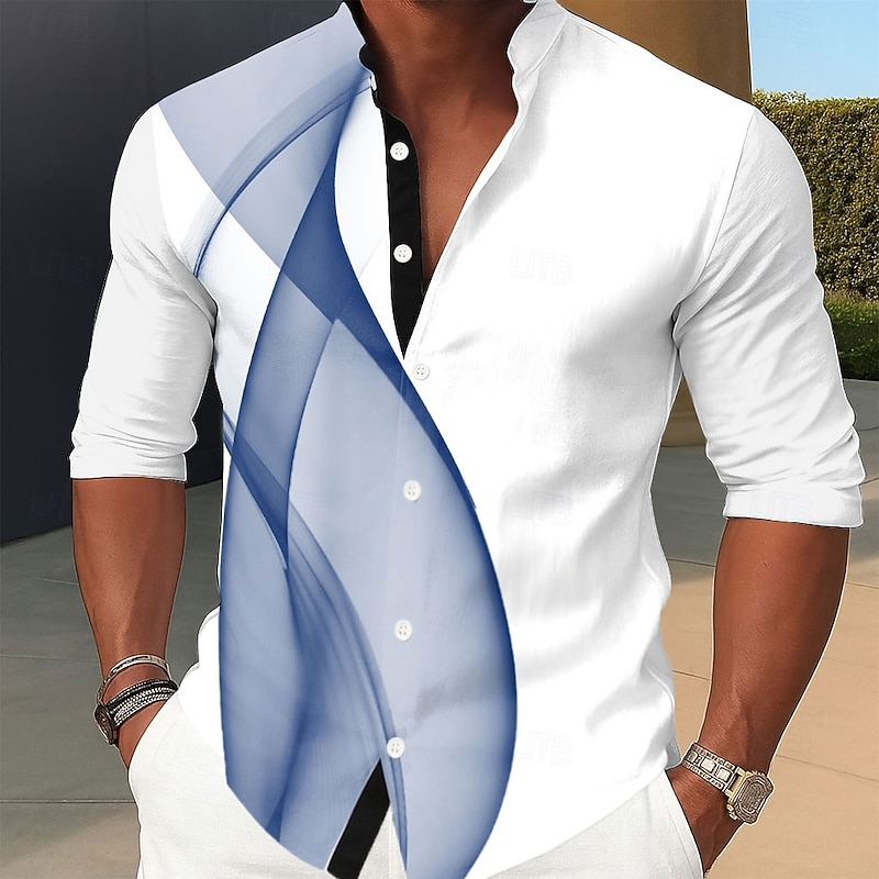 Men's Geometric Gradient Line Shirt Stand Collar Shirt Casual Dress Shirt Long Sleeve Business Casual Vacation Home Daily Summer Spring Mandarin Collar Band Collar 3D Print Button Up Shirts Black2