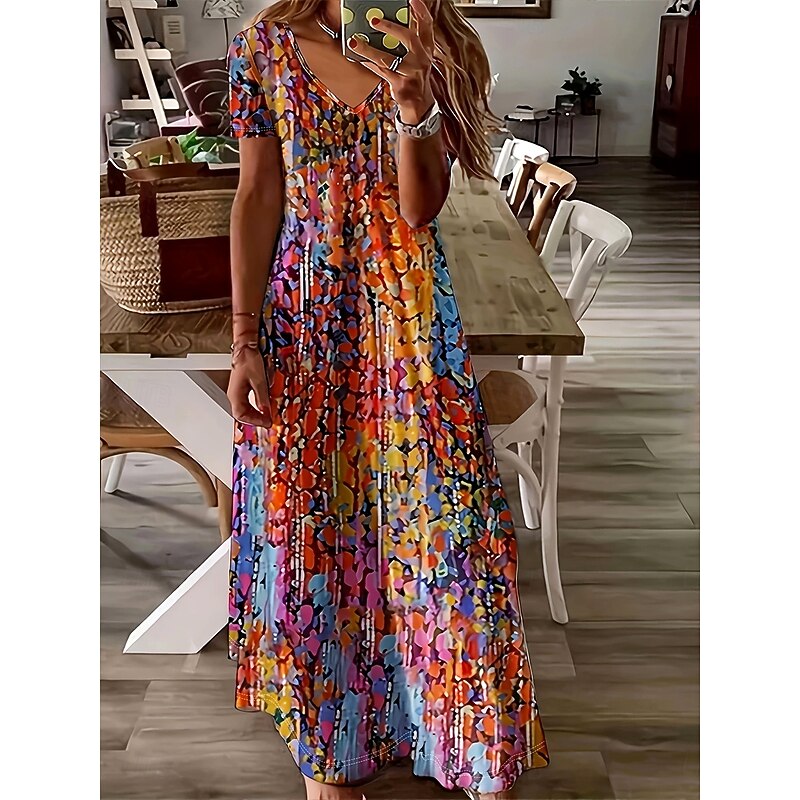 Women's Maxi Dress Casual Dress A Line Dress Summer Dress Elegant Vacation Casual Regular Fit Floral Graphic Abstract Short Sleeve U Neck Red Light Brown Summer Spring Fall