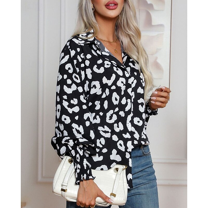 Women's Shirt Leopard Daily Stylish Basic Long Sleeve Shirt Collar Regular Tops Work Daily Holiday Buttons Print Black Spring Fall2