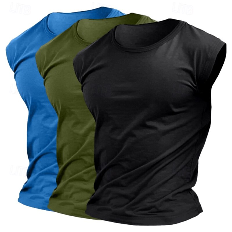 3-Piece Men's T Shirt Moisture Wicking Shirts Sleeveless Short Sleeve Crew Neck Summer Plain Sports Fashion Lightweight Vacation Casual Holiday Top Tee for Men2