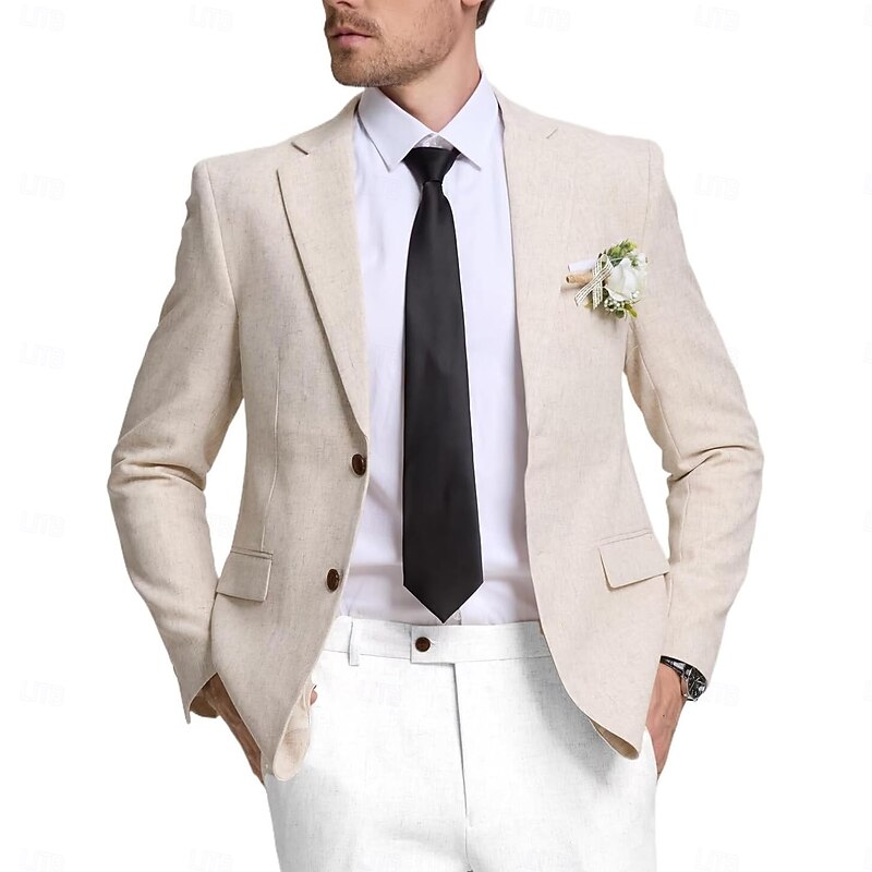 Men's Linen Blazer Sport Coat Notch Collar Lightweight Classic Solid Colored Blazer Black Navy Blue Sky Blue Standard Fit Single Breasted Two-buttons