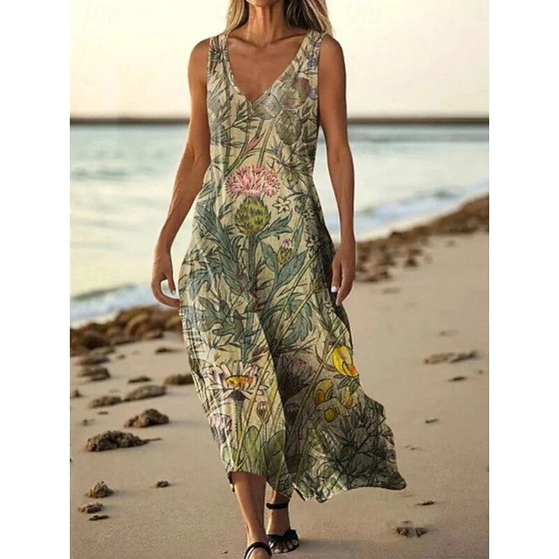 Women's Long Dress Maxi Dress Casual Dress Tank Dress Summer Dress African Daily Holiday Beach Regular Fit Floral Sleeveless V Neck Yellow Blue Dark Green Green Summer3