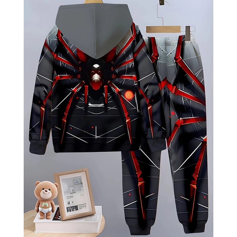 Boys' 3D Spider Hoodie & Sweatpants Set Sports Suit Tracksuits Long Sleeve Spring Fall Daily Basic Casual Kids 4-12 Years Hooded Outdoor Vacation Sports Tailored Fit