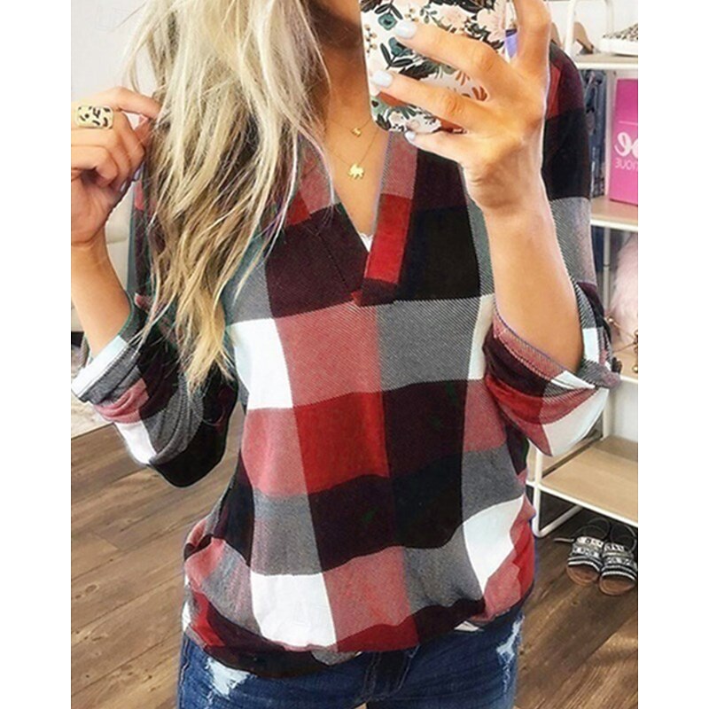 Women's Shirt Blouse Plaid Modern Casual Long Sleeve V Neck Regular Tops Holiday Going out Yellow Red Purple Orange Green Fall2
