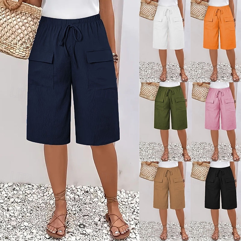 Women's Chinos Shorts Basic Casual Knee Length High Waist Plain Elastic Waistband Comfy Soft Comfortable Micro-elastic Outdoor Street Black Orange Green Khaki Summer Spring Regular Fit