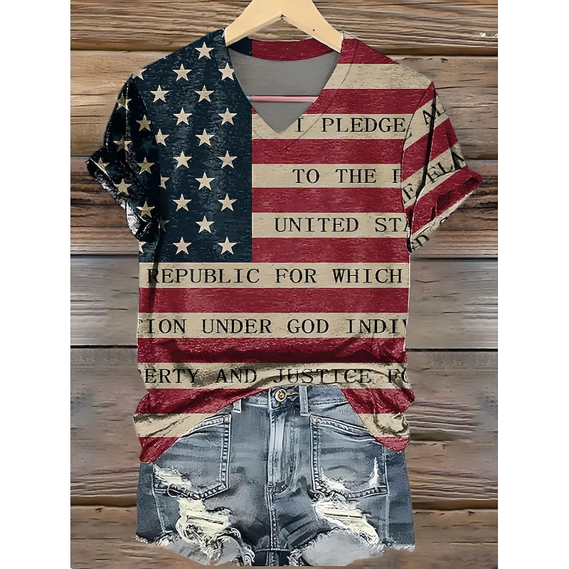 Women's Patriotic  T Shirt Graphic American Flag Vintage Stylish Classic Short Sleeve V Neck Regular Tops Daily Print White Summer Spring3