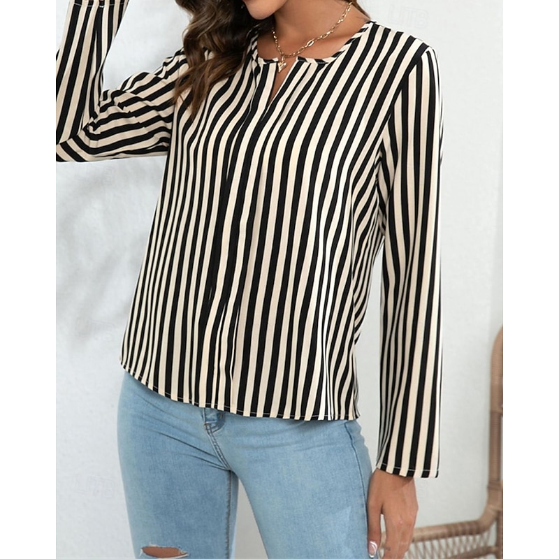 Women's Summer Tops Chiffon Tops Striped Daily Stylish Basic Long Sleeve V Neck Regular Tops Work Daily Holiday Print White Apricot Spring Fall3