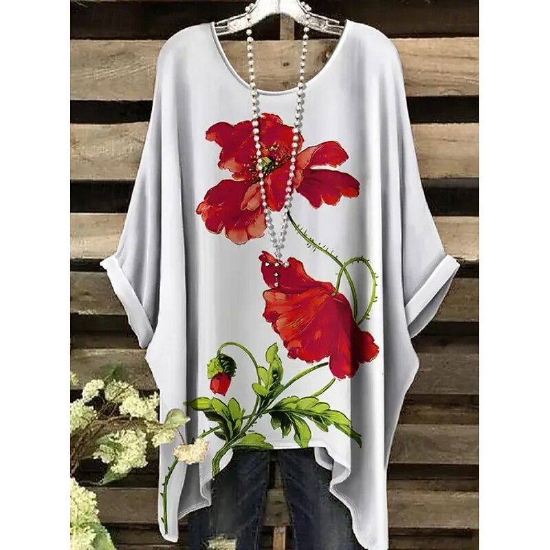 Women's Boho Shirt Floral Graphic Elegant Bohemia Active Short Sleeve Batwing Sleeve Crew Neck Regular Tops Daily Holiday Beach Wear Black White Red Blue Purple Summer Spring4