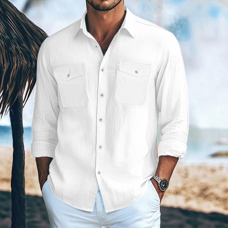 Men's Shirt Linen Shirt Summer Shirt Beach Shirt Solid Color Vacation Holiday White Green Light Blue Long Sleeve Lapel Summer Spring Clothing Apparel Front Pocket3