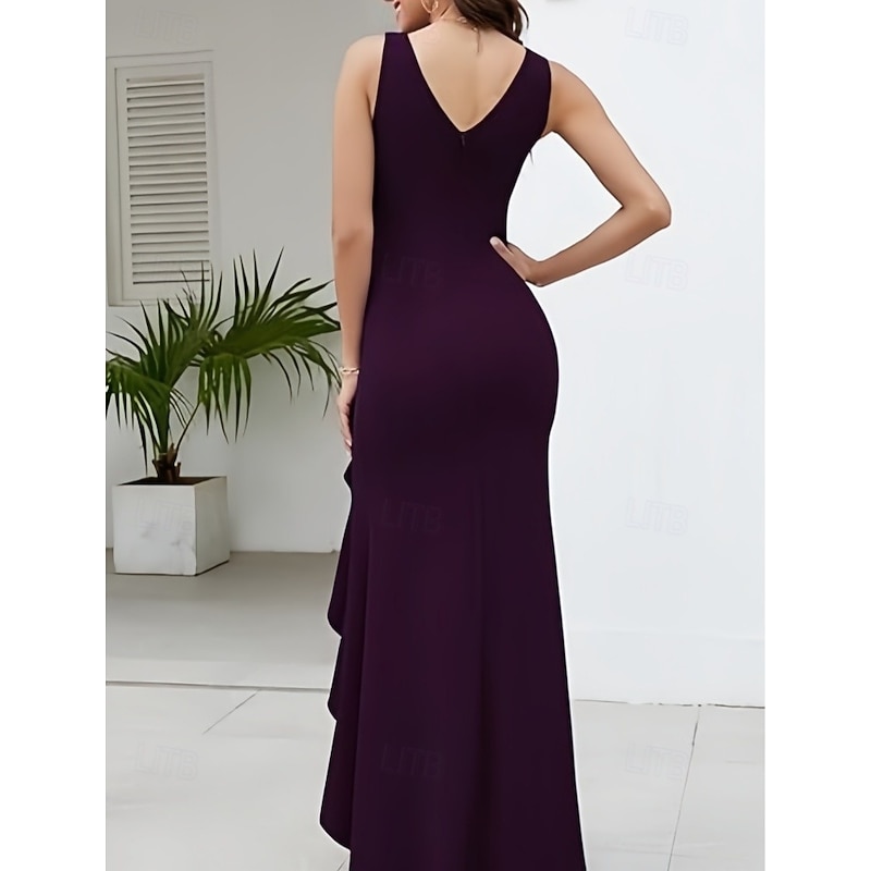 Mermaid / Trumpet Wedding Guest Dresses Elegant Dress Wedding Guest Engagement Asymmetrical Sleeveless V Neck Stretch Crepe with Ruffles Slit2
