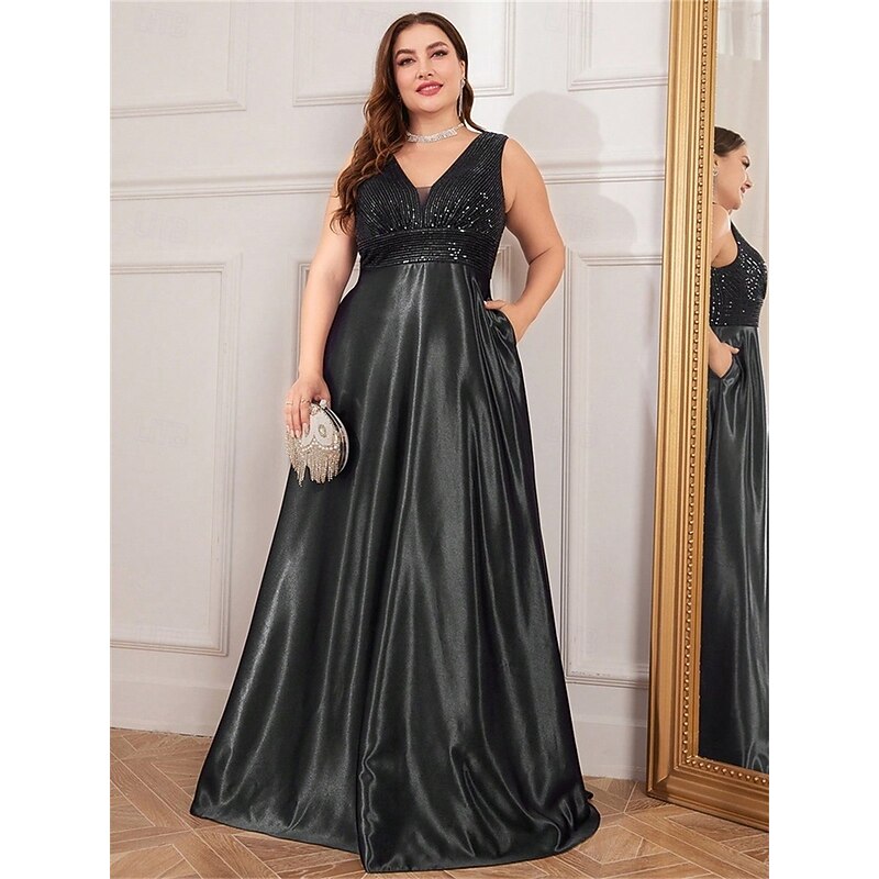A-Line Plus Size Dresses Elegant Curve Dress Formal Wedding Floor Length Sleeveless V Neck Satin V Back with Pleats2