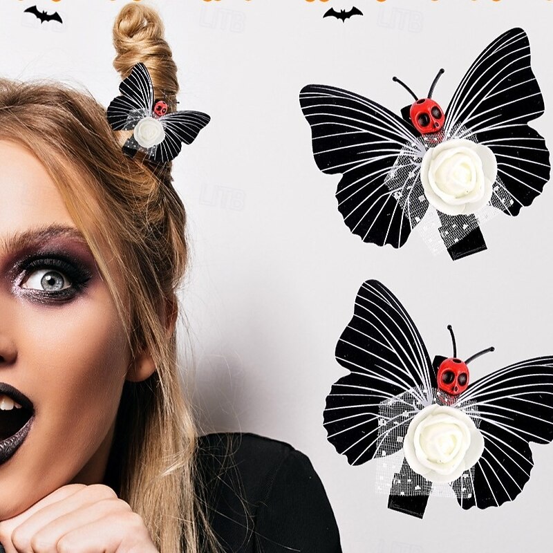 Halloween Skull Butterfly Hair Clip, Funny Spooky Side Alligator Clip Hair Accessory for Party, Cosplay, Costume, Trick or Treat