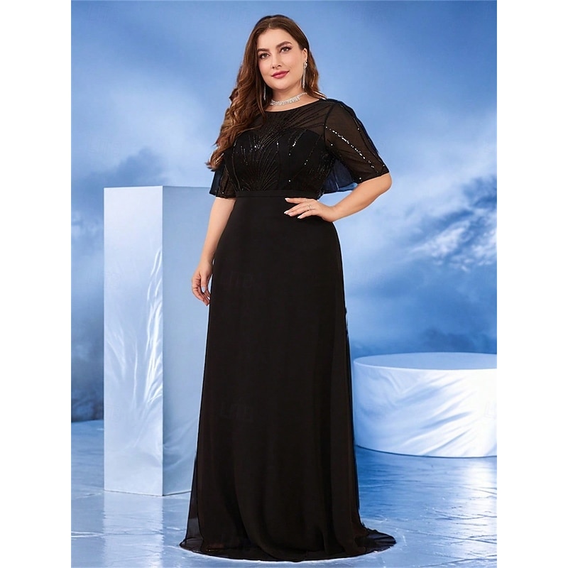 A-Line Plus Size Dresses Elegant Curve Dress Formal Wedding Floor Length Half Sleeve Crew Neck Chiffon with Beading4