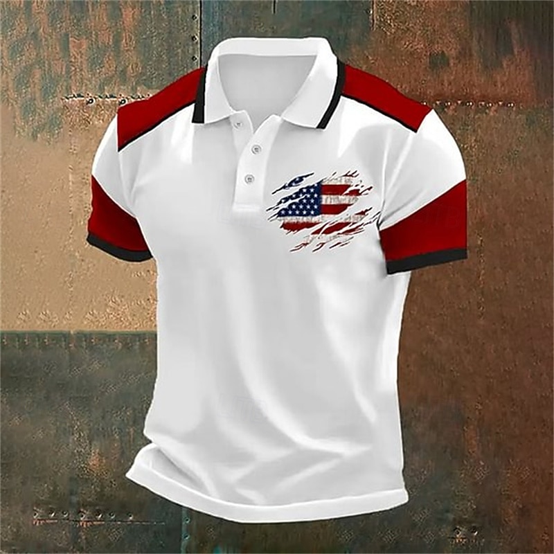 American Independence Day Men's American US Flag Polo Shirts Button Up Polos Golf Shirt Short Sleeve Polo Shirts Lapel Fashion Casual Daily Festival Print Summer Black Red Khaki